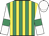 Emerald green and yellow stripes, white sleeves, emerald green armlets, white cap