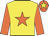 Yellow body, orange star, orange arms, orange cap, yellow star