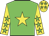 Green body, yellow star, yellow arms, green stars, yellow cap, green stars