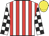 White and red stripes, white and black check sleeves, yellow cap