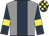 Grey, dark blue stripe, dark blue sleeves, yellow armlets, check cap