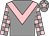 grey, pink chevron, checked sleeves, pink star on cap