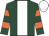 Dark green, white panel, dark green & orange hooped sleeves, white cap