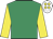 Emerald green, yellow sleeves, white cap, yellow spots