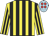 Yellow & black stripes, light blue cap, red spots