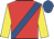 Red, royal blue sash, yellow sleeves, royal blue cap