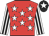 Red, white stars, white and black striped sleeves, black cap, white star