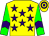 Yellow body, purple stars, green arms, purple chevron, yellow cap, purple hooped