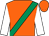 Orange, emerald green sash, white sleeves, orange cap