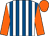 White and royal blue stripes, orange sleeves and cap