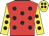 Red body, black spots, yellow arms, black spots, yellow cap, black spots