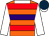 Orange, red and purple hoops, white collar and sleeves, dark blue cap, white peak