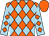 Orange and light blue diamonds, light blue sleeves, orange diamonds, orange cap