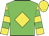 Green body, yellow diamond, yellow arms, green hooped, yellow cap