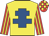 Yellow, royal blue cross of lorraine, red and yellow striped sleeves, check cap
