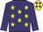 Purple, yellow stars, purple sleeves, yellow cap, purple stars