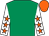 Emerald green, white sleeves, orange stars and cap