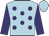light blue, purple spots, purple sleeves, light blue cap