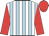 white, light blue stripes, red sleeves and cap