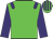 Green body, purple epaulettes, purple arms, green cap, purple striped