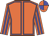 Orange body, blue seams, orange arms, blue striped, orange cap, blue quartered