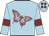 light blue, maroon butterfly, maroon armlets on sleeves, maroon spots on cap