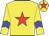 Yellow body, red star, yellow arms, blue chevron, yellow cap, red star