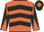 Orange, black chevrons, black and orange diabolo sleeves, black cap, orange diamond