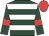 Dark green, white hoops, dark green sleeves, red armlets, red cap
