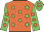 Orange body, green spots, green arms, orange spots, green cap, orange spots