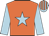 orange, light blue star, light blue sleeves, striped cap