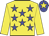 Yellow body, blue stars, yellow arms, blue cap, yellow star
