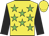 Yellow, green stars, black sleeves, yellow cap