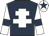 Dark blue, white cross of lorraine, white sleeves, dark blue armlets and star on white cap