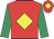 Red, yellow diamond, emerald green sleeves, red cap, yellow diamond