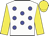 white, blue spots, yellow sleeves, yellow cap