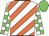 white, orange diagonal stripes, white and green checked sleeves, green cap