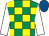 Emerald green & yellow check, white sleeves, royal blue cap