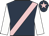 Dark blue, pink sash, white sleeves, dark blue cap, pink star