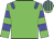 Green body, blue epaulettes, green arms, blue hooped, green cap, blue striped