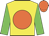 Yellow body, orange disc, green arms, orange cap