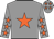 Grey body, orange star, grey arms, orange stars, grey cap, orange stars