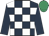 Dark blue and white check, dark blue sleeves, emerald green cap