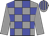 Grey body, big-blue checked, grey arms, grey cap, big-blue striped
