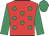 red, emerald green spots, emerald green sleeves and cap