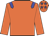 Orange body, blue epaulettes, orange arms, orange cap, blue stars