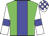 Big-green body, blue stripe, white arms, blue armlets, white cap, blue checked