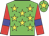 Green body, yellow stars, red arms, blue armlets, green cap, yellow star