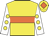 Yellow body, orange hoop, white arms, yellow spots, yellow cap, orange diamond