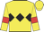 Yellow, black band of diamonds, yellow sleeves, red armband, yellow cap